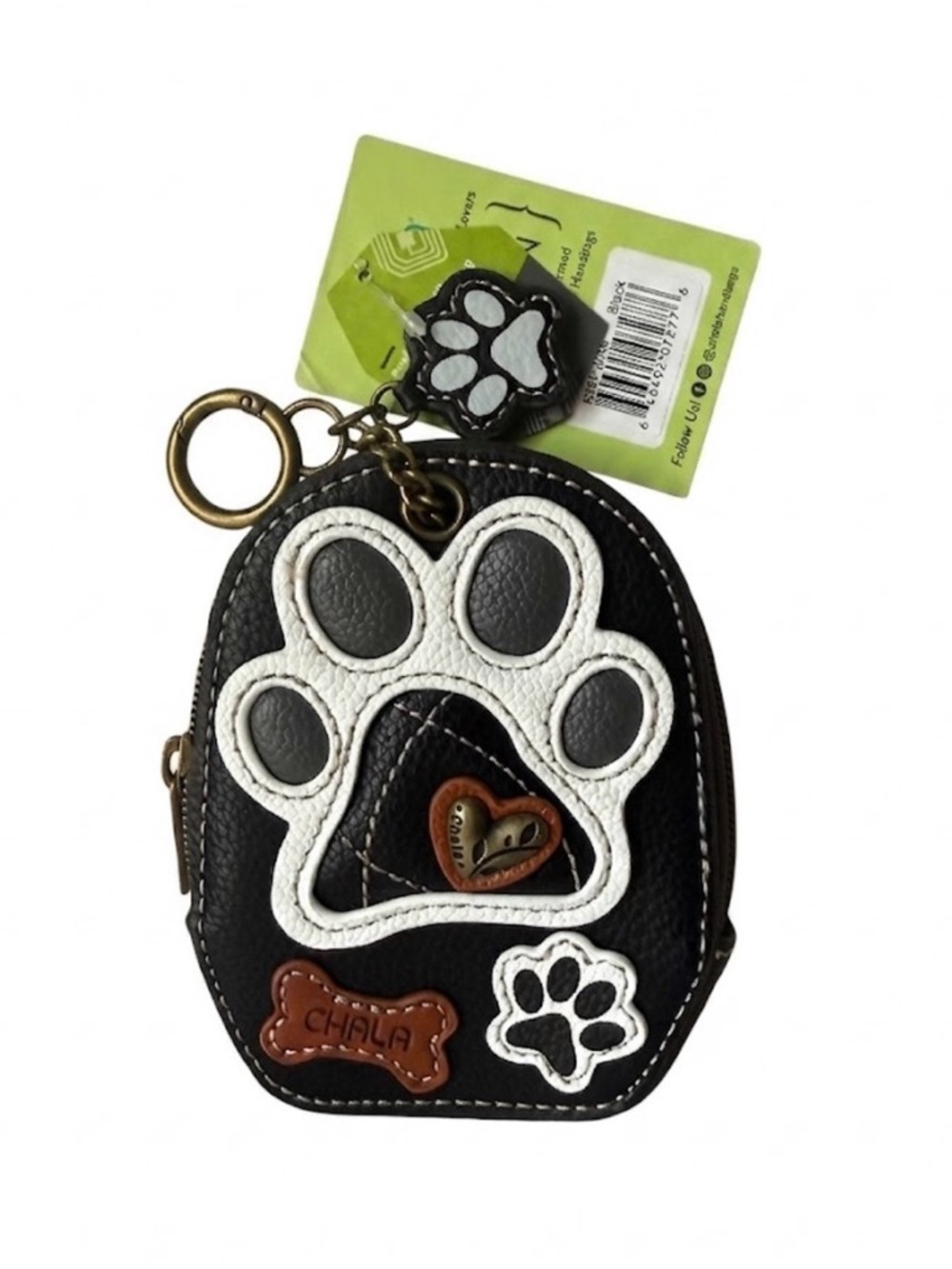 Chala Handbags Black Paw Print Mini Coin Purse Keychain & Wallet